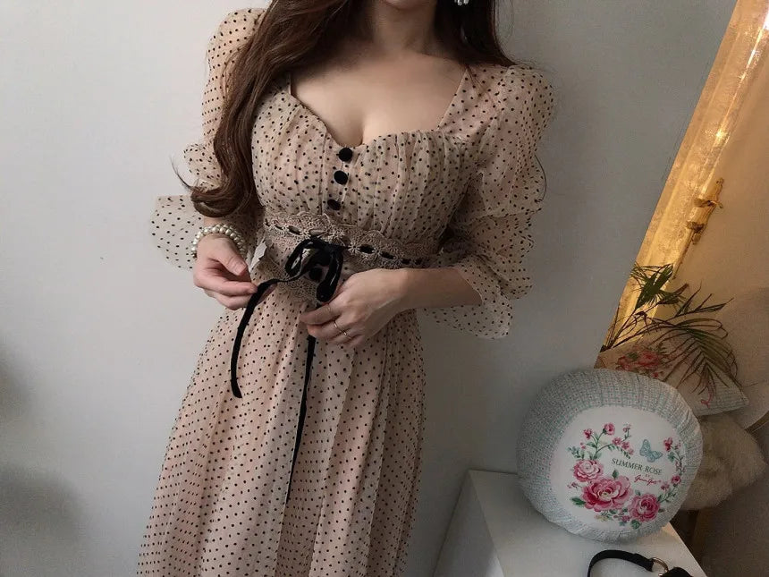 Women Clothing Vestidos Vintage Dress Elegant Square Neck High Waisted Lace Organza Polka Dot Dresses Chic Summer 2025 Slim
