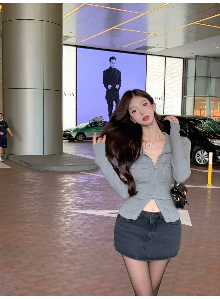 Women T-shirt Spring Autumn Clothes Ribbed Knitted Long Sleeve Short Tops Zipper Design Tee Sexy Female Slim Tops