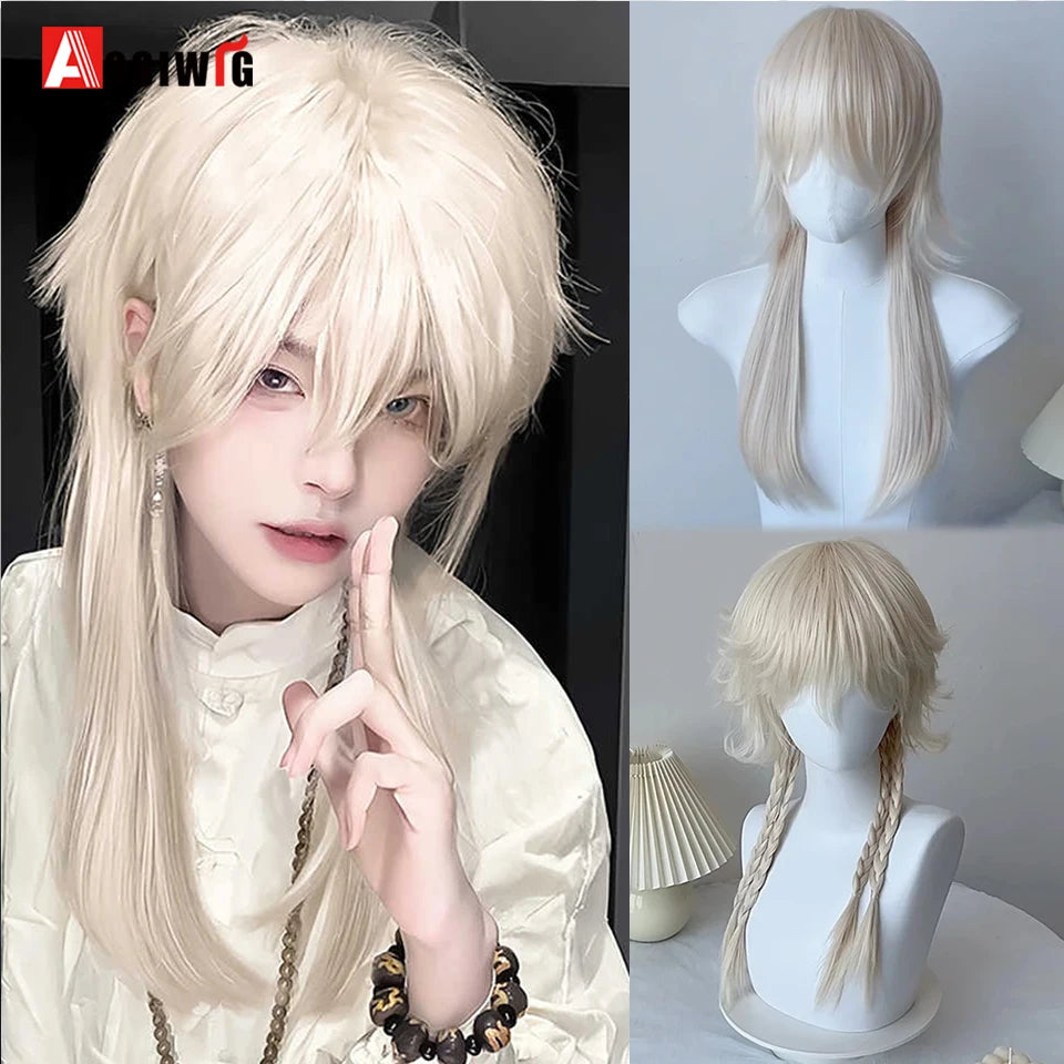 AOSIWIG  Short Curly Cosplay Men Boy Party Light Yellow Synthetic Heat Resistant Hair Wigs Men's Breathable Wig