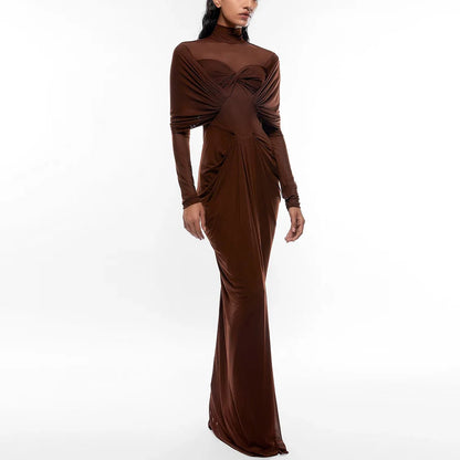 Classic Saudi Women's Evening Dresses Brown Pleat Formal Evening Column&Sheath High Collar Long Dresses 2024