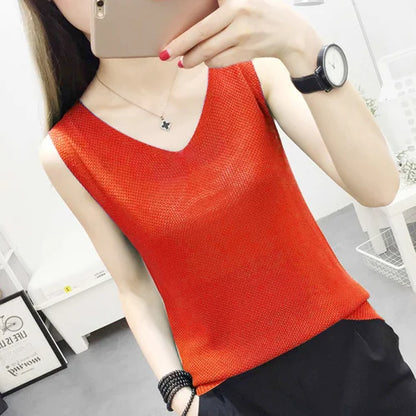 Top women Summer V Neck Hollow Knitted Vest Sleeveless Casual Tank Blusas Tops Sheer Mesh Patchwork T Shirt Bottom Camisole 2019