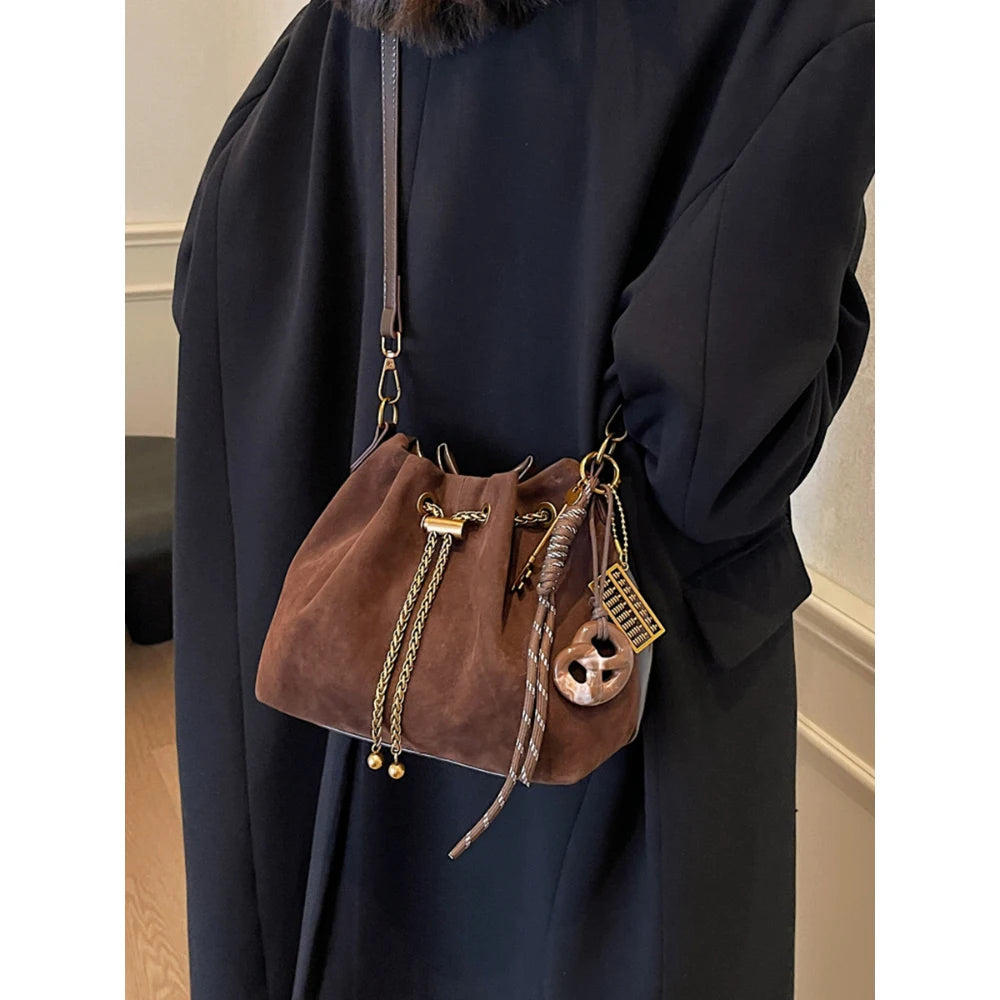 Women Vintage One Shoulder Bag Frosted Solid Drawstring Soft All-Match Bucket Bags High-Grade Versatile Commute Crossbody Packs