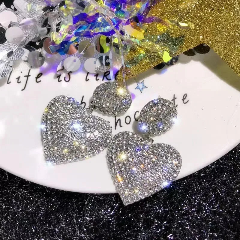 Heart Earrings  Women's Luxurious Geometric Full Rhinestone Earrings Korean Gold Color Love 2023 Fashion Jewelry Accessories