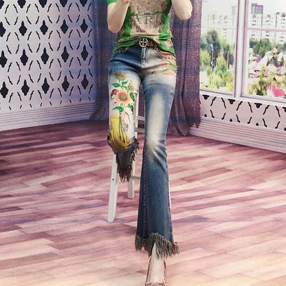 Beaded jeans for women with Rivet and diamond-encrusted casual street fashion cotton slim Flare Pants