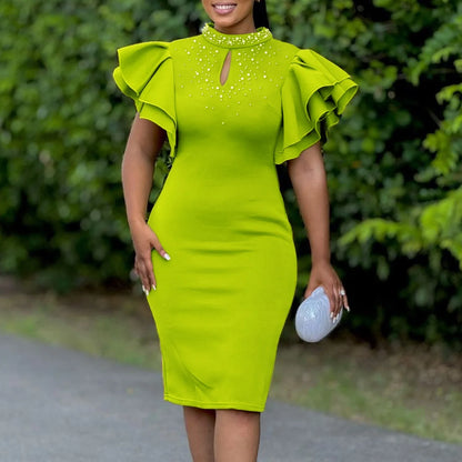 Elegant Dresses for Women O Neck Ruffles Sleeve Beaded Sheath Package Hips Mid Calf Luxury Birthday Party Dinner Vestidos Mujer