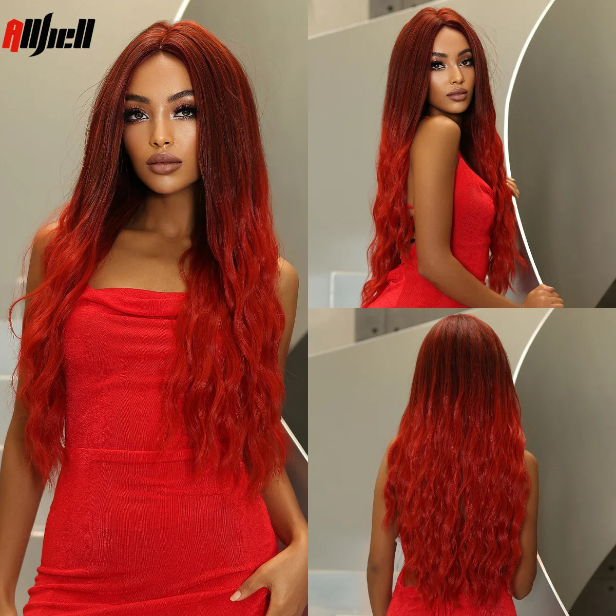 Long Wavy Wine Red Synthetic Wigs Natural Wave Afro Wigs With Bangs for Black Women Cosplay Costume Wig Heat Resistant Fiber