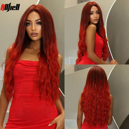Long Wavy Wine Red Synthetic Wigs Natural Wave Afro Wigs With Bangs for Black Women Cosplay Costume Wig Heat Resistant Fiber
