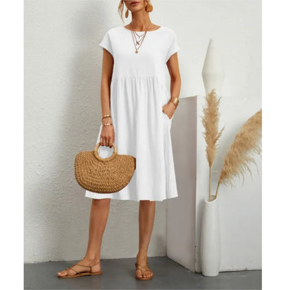 Women's Dresses 2025 Summer Fashion Casual Dresses Women Loose Mid Length Over Knee Dress New Short Sleeve Solid Dress Woman
