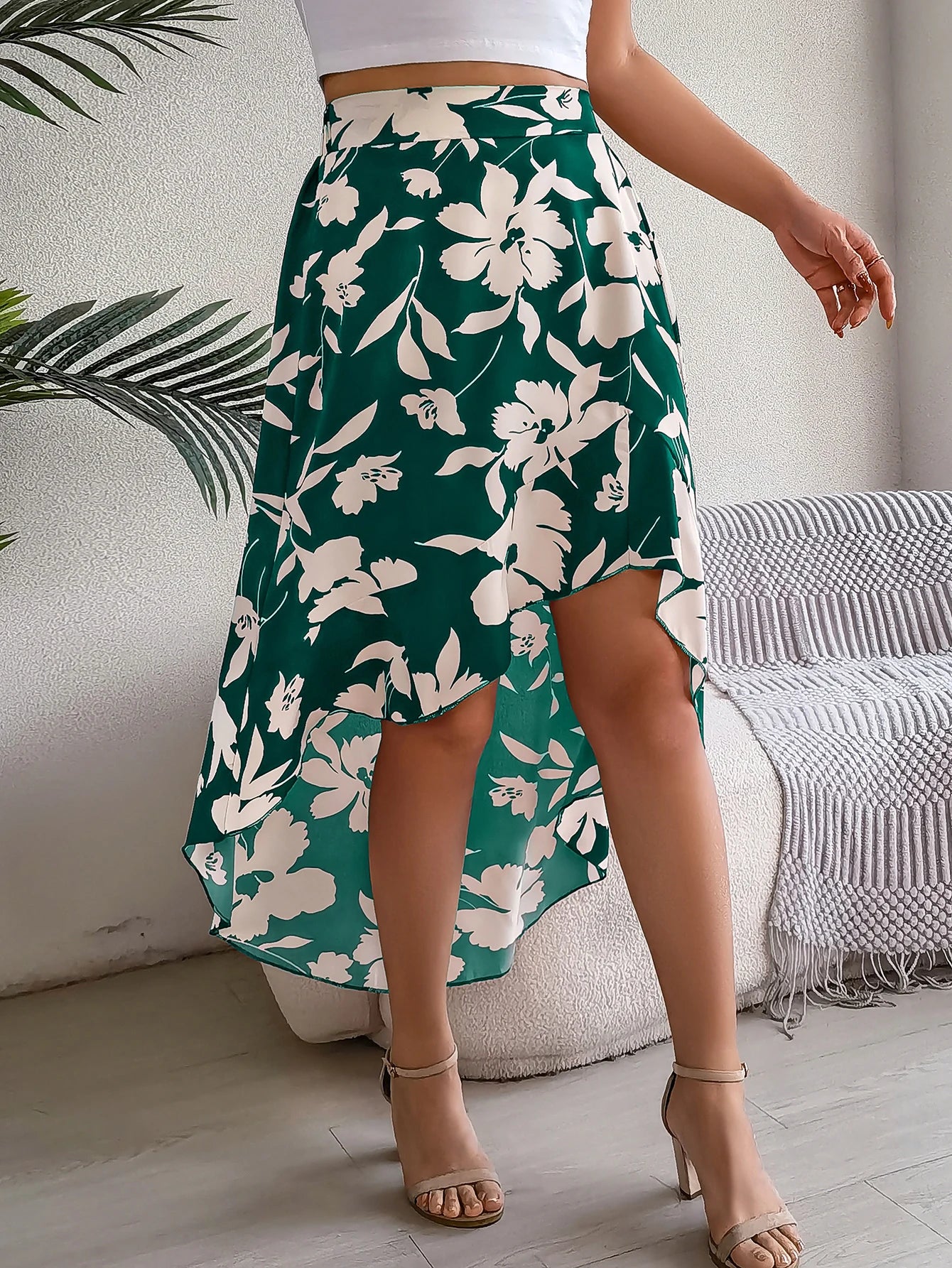 Spring Summer Skirts for Women Casual Floral Print Asymmetric Ruffle Edge Skirt
