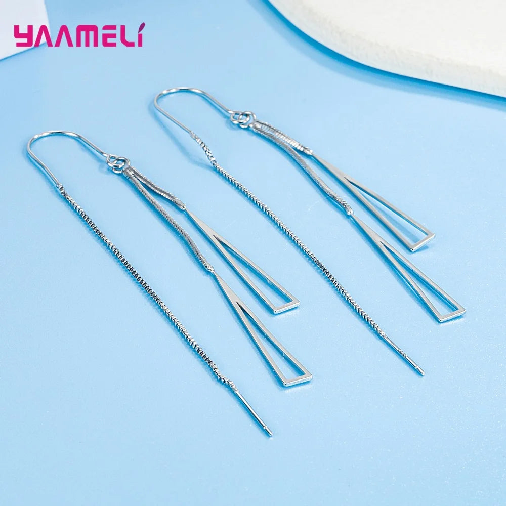 925 Sterling Silver Earrings Fashion Jewelry Simple Geometric Tassel Long Box Chain Thread Pendientes Ear Decoration Ornaments