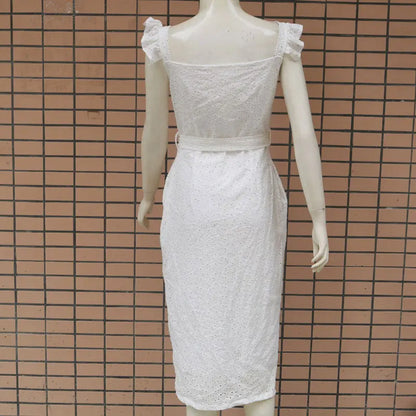 Women White Dress Lace Up Sexy Midi Vestidos Ruffles Sleeveless Bodycon Female Dresses 2022 Buttons Belt Elegant Ladies Clothes
