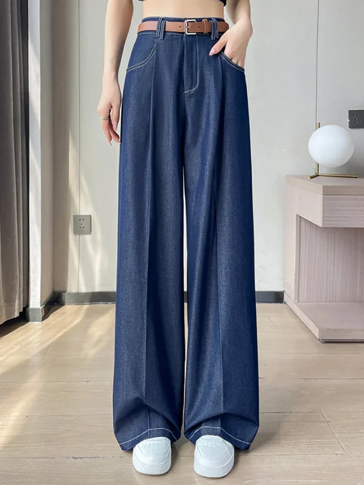 Women's Casual Basic Style Tencel Soft Ice Silk High Waisted Straight Jeans Female Commute Wide-Leg Light Blue Jeans