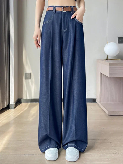 Women's Casual Basic Style Tencel Soft Ice Silk High Waisted Straight Jeans Female Commute Wide-Leg Light Blue Jeans