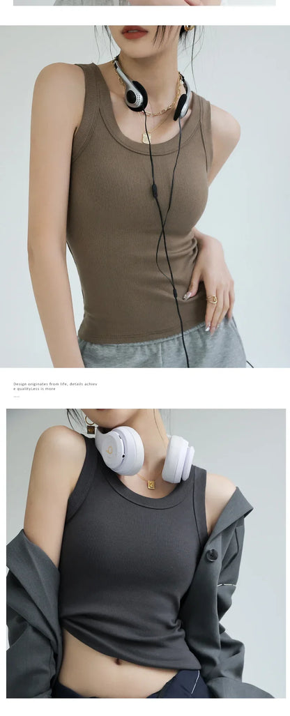 New Women Solid Round Neck Ribbed Tank Top Camisole Women Summer Basic Elastic TankTop One-piece Vest with Chest Pad Y2k
