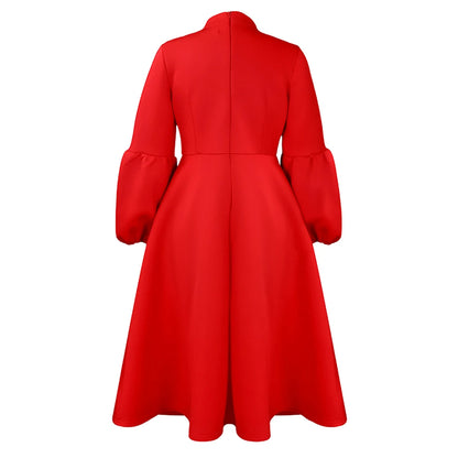 Elegant Dresses for Women Bow Collar Full Sleeve High Waisted A Line Mid Calf Luxury Female Birthday Party Dinner Vestidos Mujer