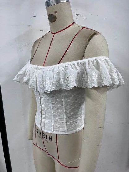 Women Fashion White Jacquard Ruffles Off Shoulder Slim Tank Crop Tops Slash Neck Lace Up Backless Single Breasted Corset Tees