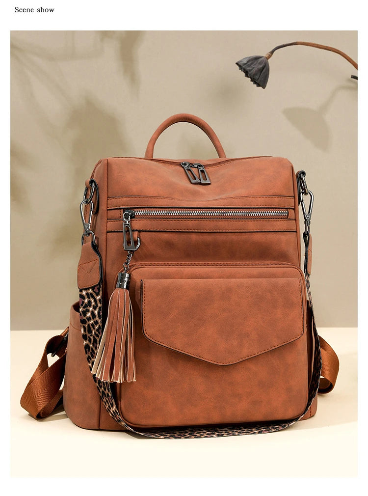 Backpack for Women Large Womens Backpack Leather Travel Fashion Purse Designer Ladies Shoulder Bags with Tassel Two-toned Brown