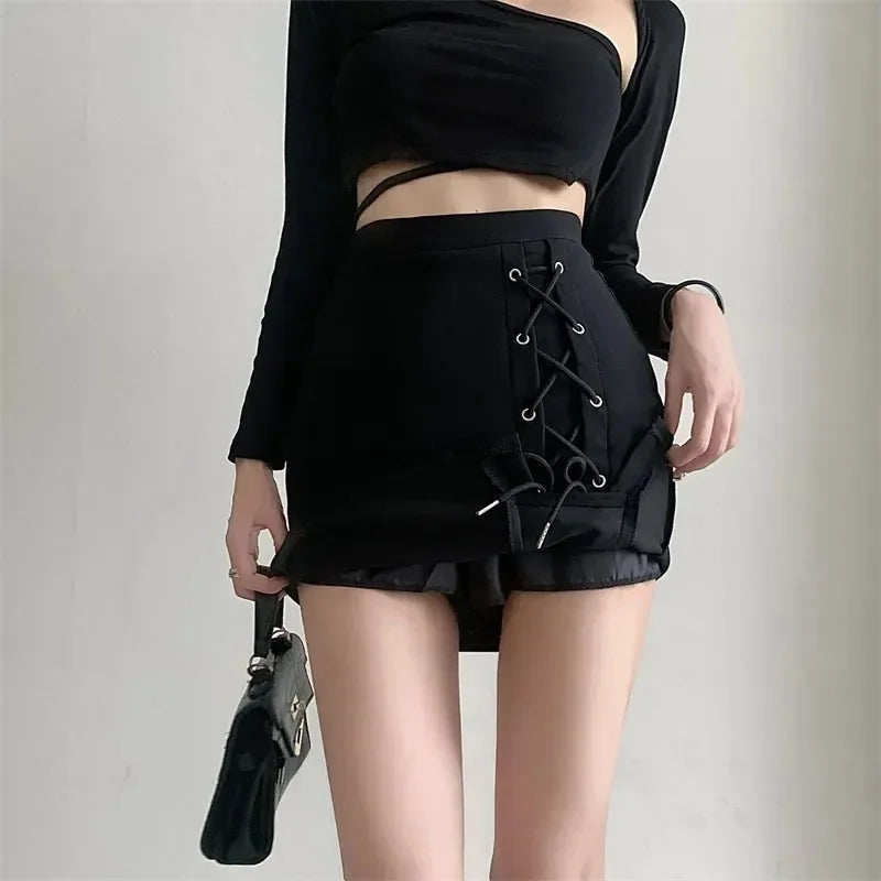 Women Summer Black Skirt Korean Lace Up Skinny Short Skirts High Waist Streetwear Gothic Y2K Bandage Female Skirt New