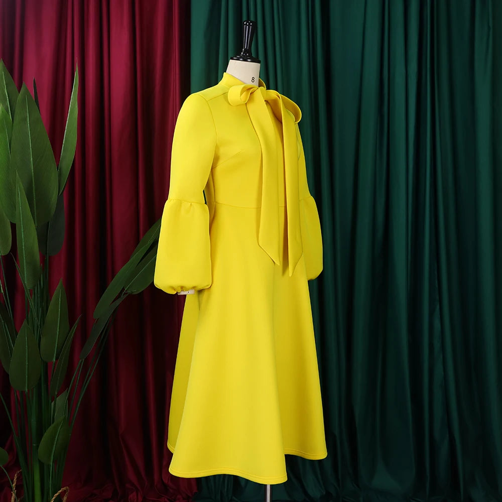 Elegant Dresses for Women Bow Collar Full Sleeve High Waisted A Line Mid Calf Luxury Female Birthday Party Dinner Vestidos Mujer