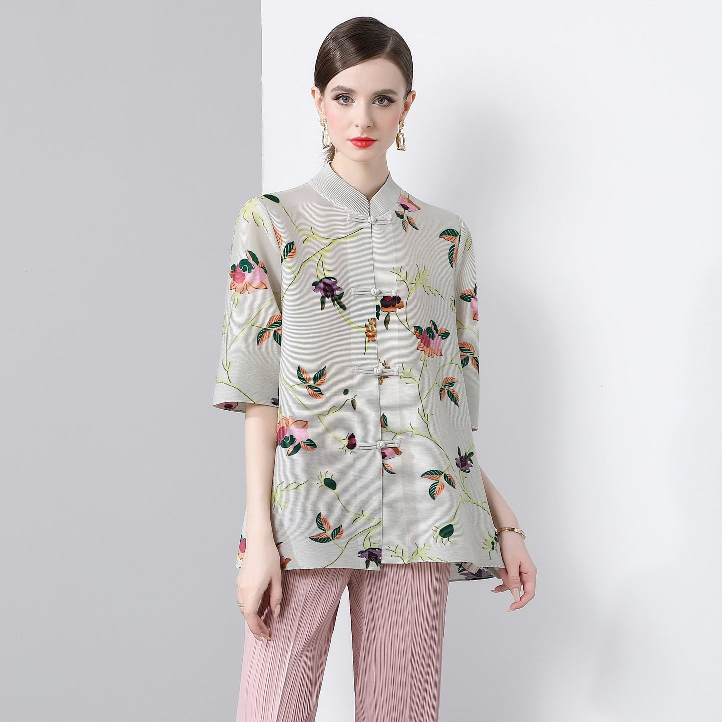 Pleated Tops for Women Summer Printed Shirts Loose Mom Wear Commuter Printed Short Sleeves Women Clothes