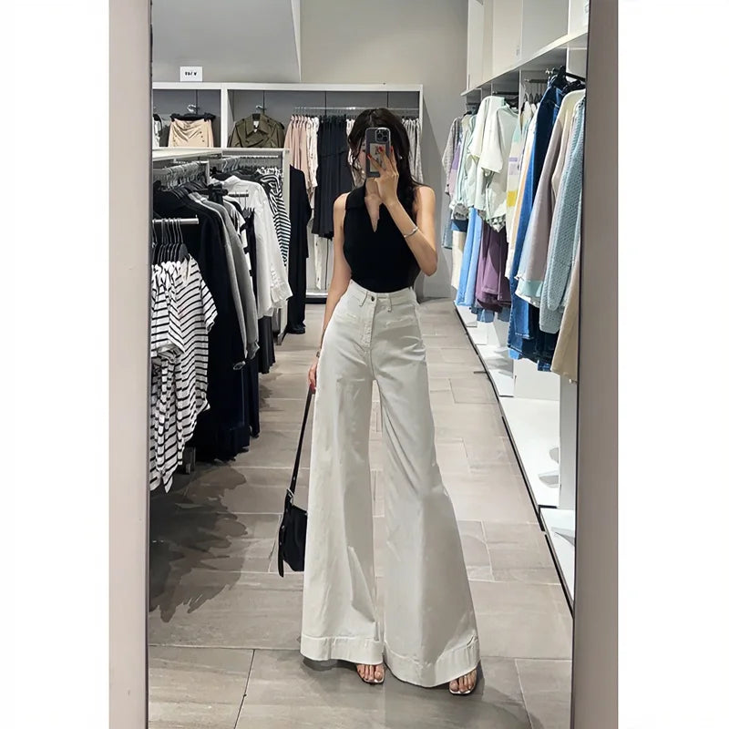 White Jeans with Pant Legs Women 2025 Spring New Temperament Korean Version of High Waist Loose Look Slim Wide Leg Pants Jeans