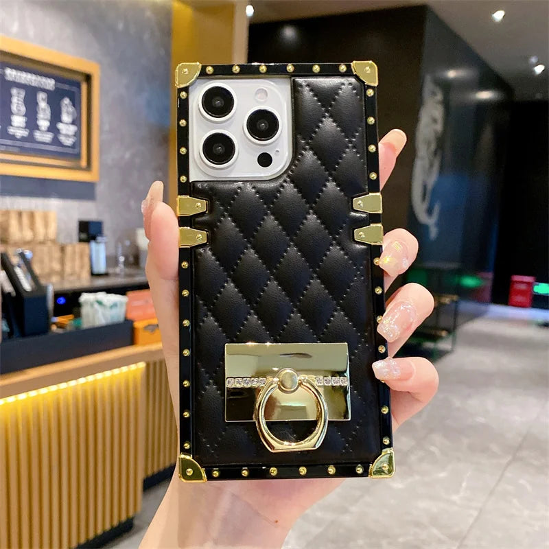 Elegant PU Leather Phone Case For iPhone 16 Pro Max Luxury Square Cases For iPhone 15 14 11 Pro 12 13 Mini XR X Max Back Cover