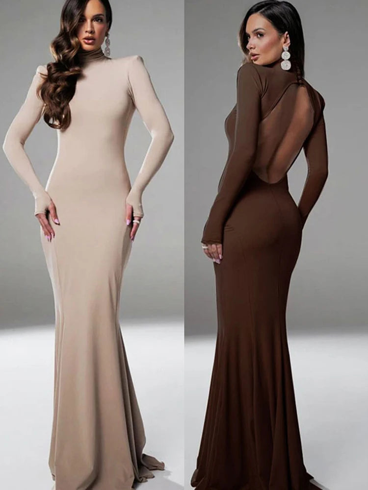 Women's Dresses Autumn Winter New Sexy Solid Backless Elegant Dress Streetwear Fashion Casual Slim Turtleneck Long Sleeves Dress