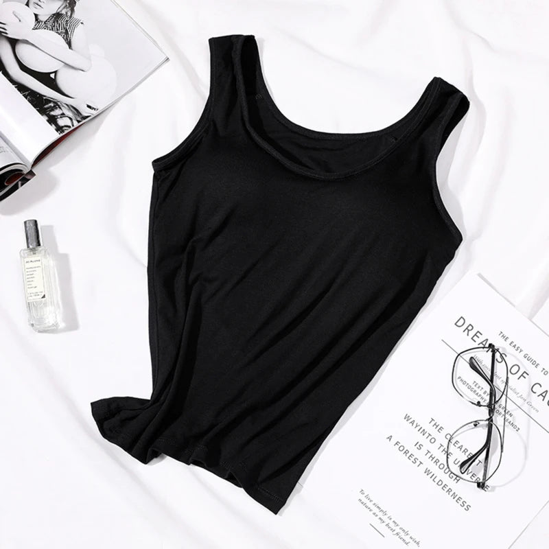 2024 Women's Vest Tops With Built In Bra Neck Vest Padded Slim Fit Tank Tops Sexy Shirts With Chest Pad Feminino Casual