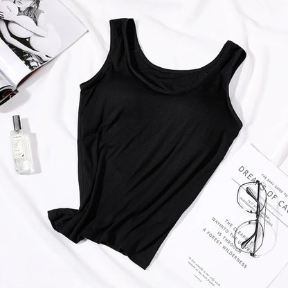 2024 Women's Vest Tops With Built In Bra Neck Vest Padded Slim Fit Tank Tops Sexy Shirts With Chest Pad Feminino Casual