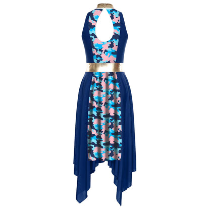 Women Modern Lyrical Dance Dress Church Choir Worship Praise Liturgical Costume Sleeveless Print Irregular Hem Gown Dancewear