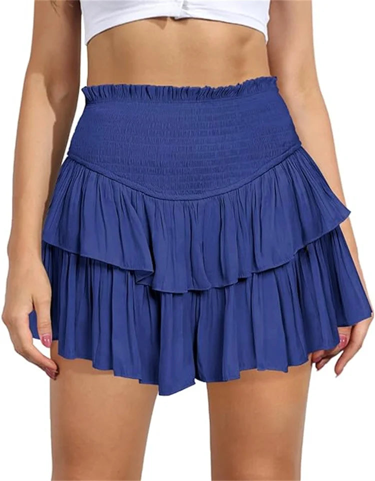 Women's High Waist Ruffle Pleated Mini Skirts Solid Lined Layered Flared Flowy Casual Swing Summer Boho Beach Mini Short Skirt