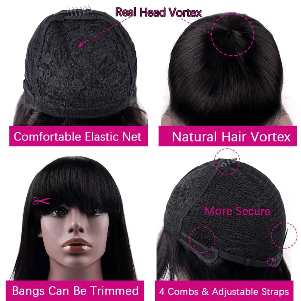 Wig With Bangs Bone Straight Human Hair Wigs For Women Brazilian Natural Cheap Full Machine Made Wigs 22 24 Inch Long Wig