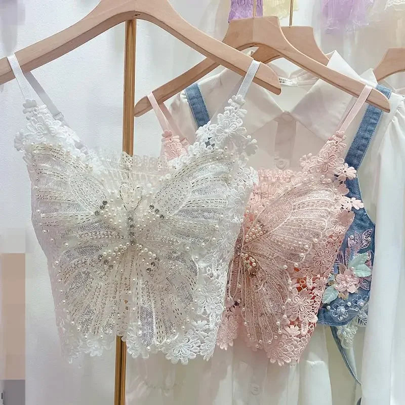 Women Clothing Heavy Beading Floral Tank Sexy Crop Tops Ropa Mujer Lace Butterfly Top Navel Baring Sexy Cropped Top Summer Camis