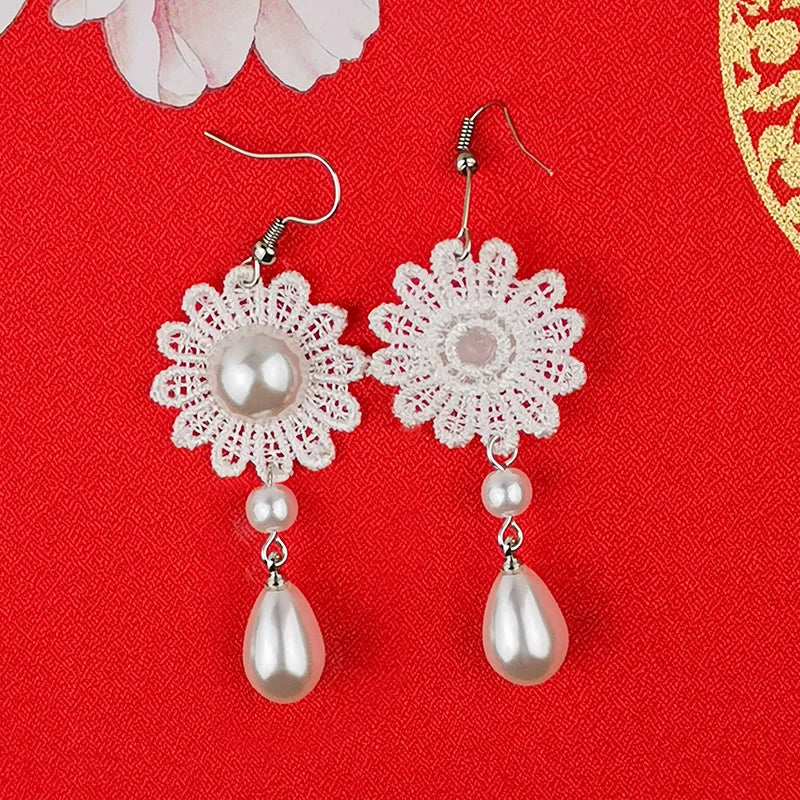 White Necklace Pearl Lace Women Fashion Necklace Earrings lolita Accessories