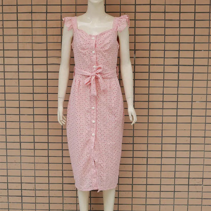 Women White Dress Lace Up Sexy Midi Vestidos Ruffles Sleeveless Bodycon Female Dresses 2022 Buttons Belt Elegant Ladies Clothes