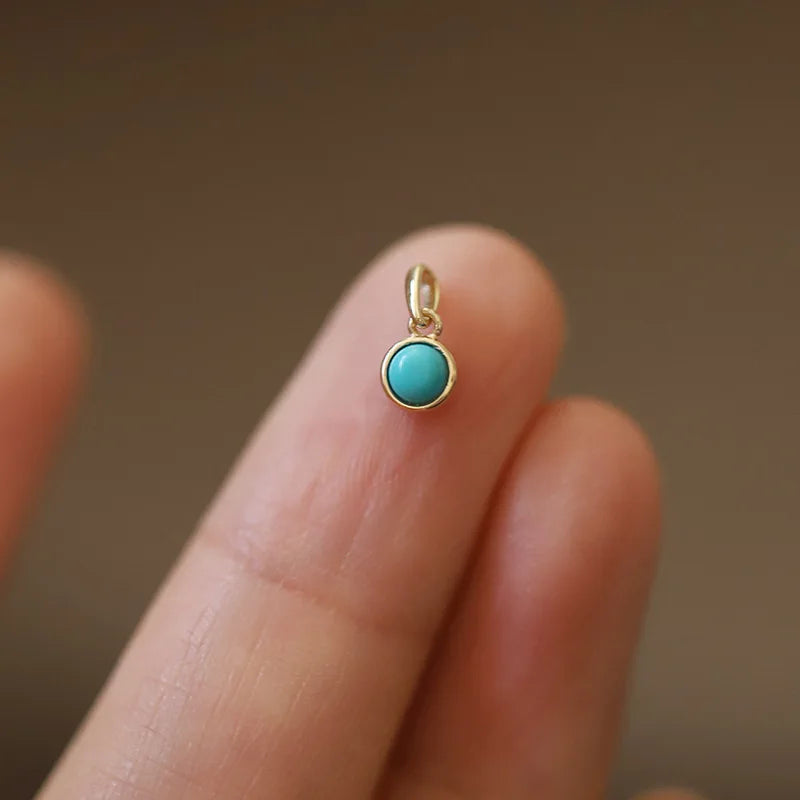 Retro 925 Sterling Silver 14k Gold Plated Necklace for Women Blue Turquoise Mini Geometric Round Pendant Clavicle Chain