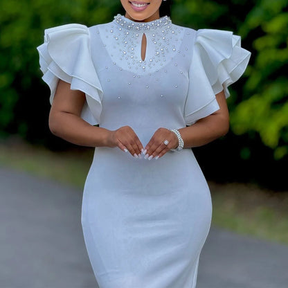 Elegant Dresses for Women O Neck Ruffles Sleeve Beaded Sheath Package Hips Mid Calf Luxury Birthday Party Dinner Vestidos Mujer
