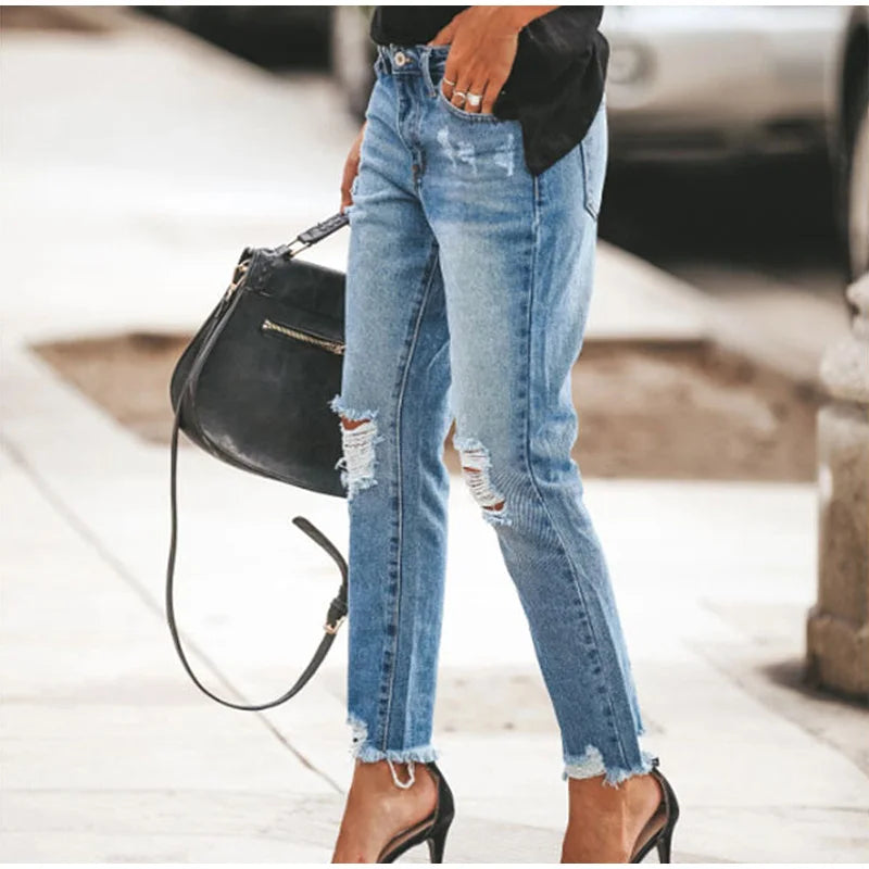 Women‘s Fashion Straight Jeans Casual High Waisted Washed Skinny Trousers Ripped Slim Pants For Lady Commuter 2025 Fashion Trend