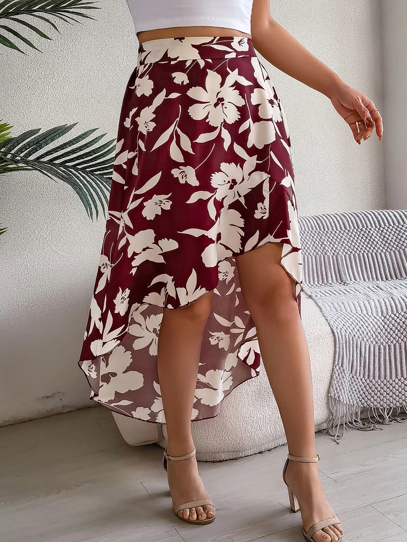 Spring Summer Skirts for Women Casual Floral Print Asymmetric Ruffle Edge Skirt