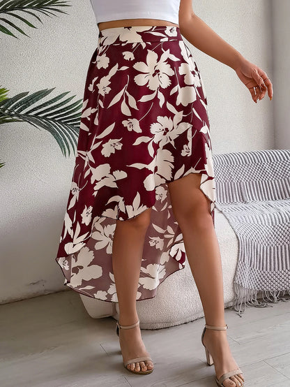 Spring Summer Skirts for Women Casual Floral Print Asymmetric Ruffle Edge Skirt