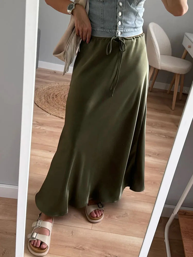 Long Black Satin Skirts Women For Work Summer Autumn Straight Brown Skirt Long Belt Coffee Formal Silk Maxi Skirt For Ladies