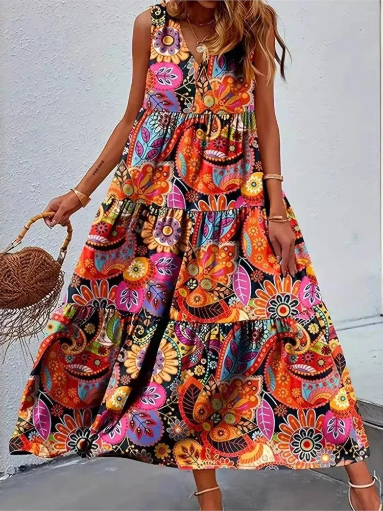 Fashion Floral Print Dress For Women Casual V Neck Sleeveless Loose Dresses Robe Femme Boho Holiday Womens Clothing Summer New