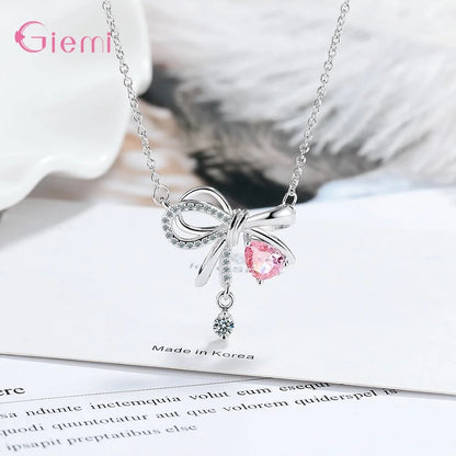 Delicate 925 Sterling Silver Necklaces for Women Sweet Bowknot Pink Zircon Pendant Necklace Holiday Party Fashion Jewelry Gifts
