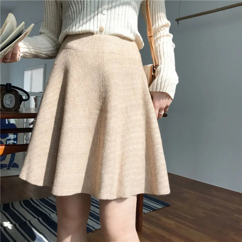 Knitted Mini Skirts Women High Waist Pleated Skirt Autumn Winter Streetwear Solid All Match A Line Skirts
