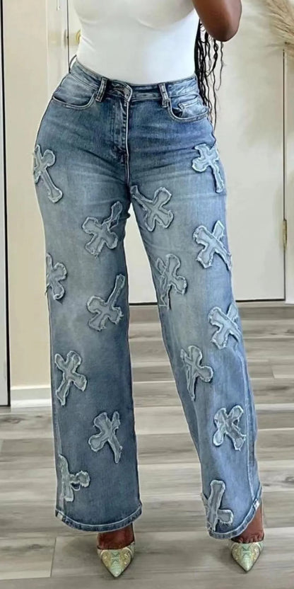Fashion Women Cotton Jeans High Waist Vintage Wash Denim Tassels Cross Trousers Y2K Streetwear Straight Leg Pants 2024