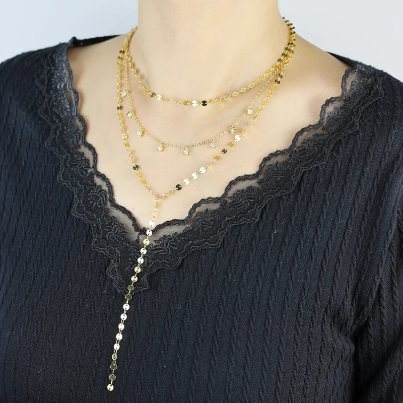 2025 New Long Necklace for Women Y Lariat Shaped Disc Choker Sexy Multilayer Sequins Chain Tassel Bling Cz Pendant Necklace