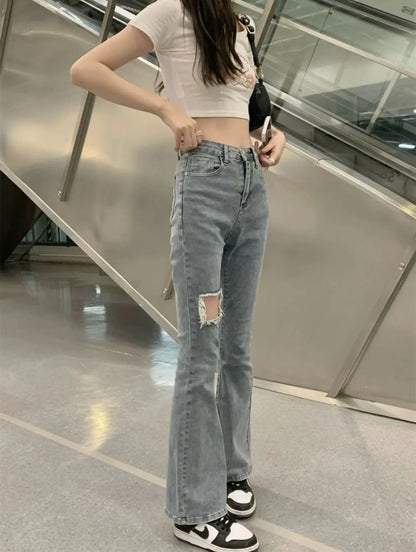 Denim Pants for Women Blue Womens Ripped Jeans Slim Fit Straight Leg Bell Bottom Trousers Original Emo Wholesale Stylish Wide A
