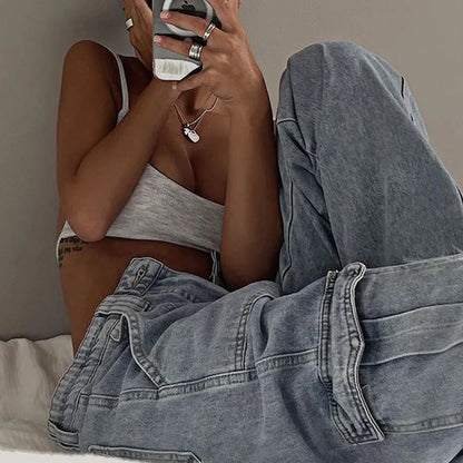 Women's Vintage Washed Loose Straight Low-Rise Elastic Waist Patchwork Cargo Jeans with Cuffed Pockets Trendy Streetwear Casual