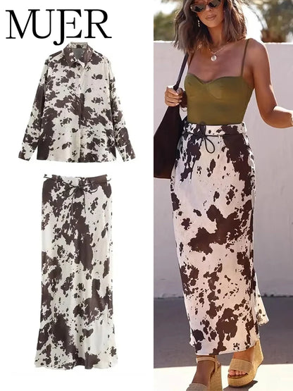 MUJER Print Satin Long Skirts for Women High Waist Midi Skirt Woman Spring Belt Women's Skirt Cylinder Vintage Women Skirt Sets