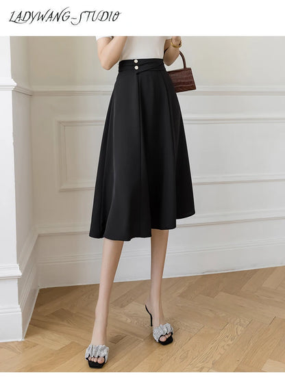 Women's Skirts High Waist Sweet Girl's Mid-calf Skirt Solid Skirts for Women Vintage Long Fashion 2023 Kawaii Summer Women Skirt